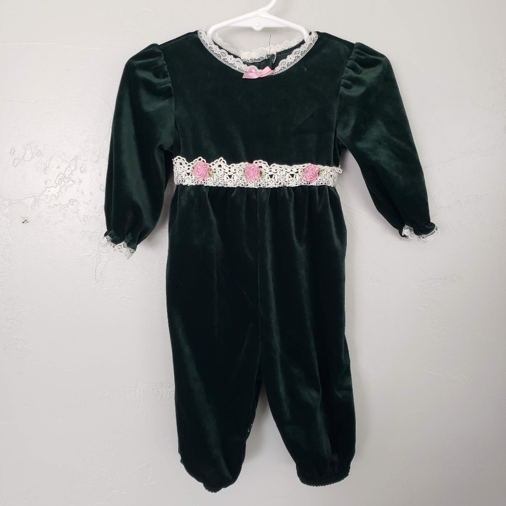 First In First Out Vintage Baby Girl 6-9 Months Dark Green Velour Jumpsuit Lace